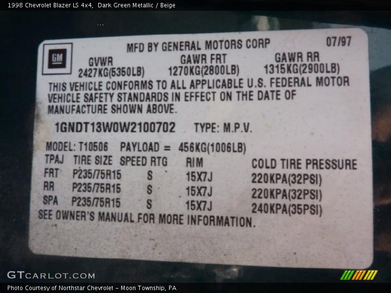 Dark Green Metallic / Beige 1998 Chevrolet Blazer LS 4x4