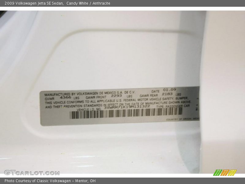 Candy White / Anthracite 2009 Volkswagen Jetta SE Sedan