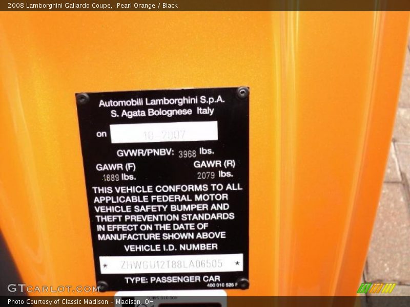 Info Tag of 2008 Gallardo Coupe