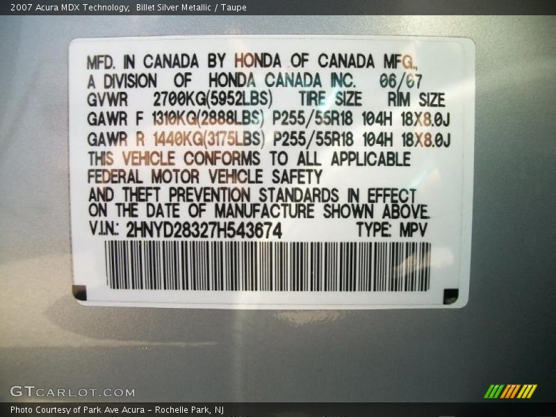 Billet Silver Metallic / Taupe 2007 Acura MDX Technology