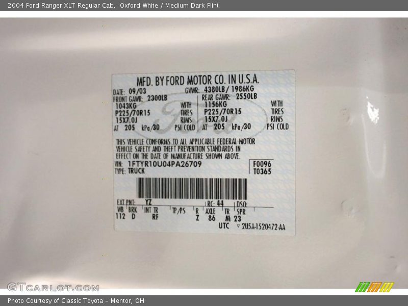 2004 Ranger XLT Regular Cab Oxford White Color Code YZ