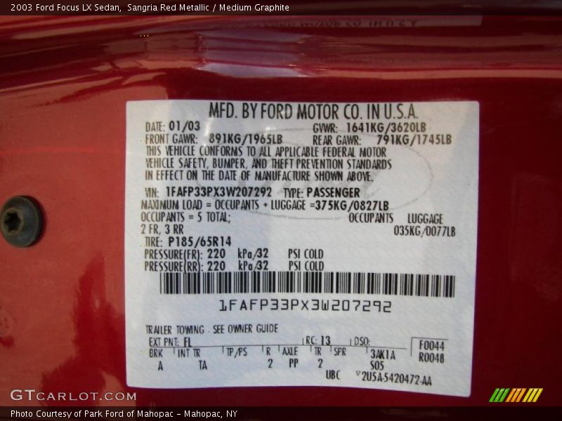 2003 Focus LX Sedan Sangria Red Metallic Color Code FL