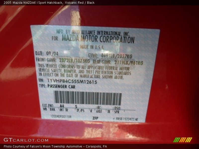 2005 MAZDA6 i Sport Hatchback Volcanic Red Color Code A4