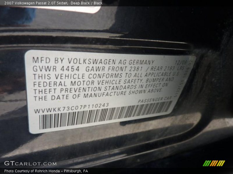 Deep Black / Black 2007 Volkswagen Passat 2.0T Sedan