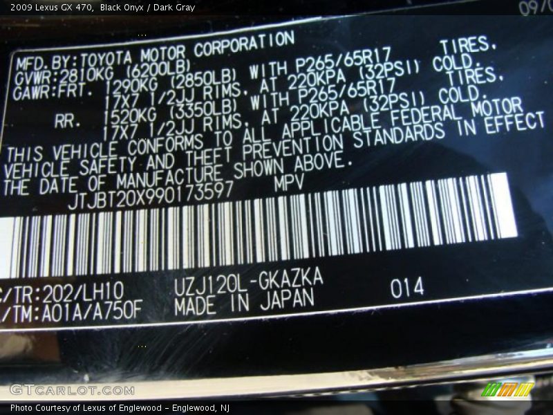 Black Onyx / Dark Gray 2009 Lexus GX 470