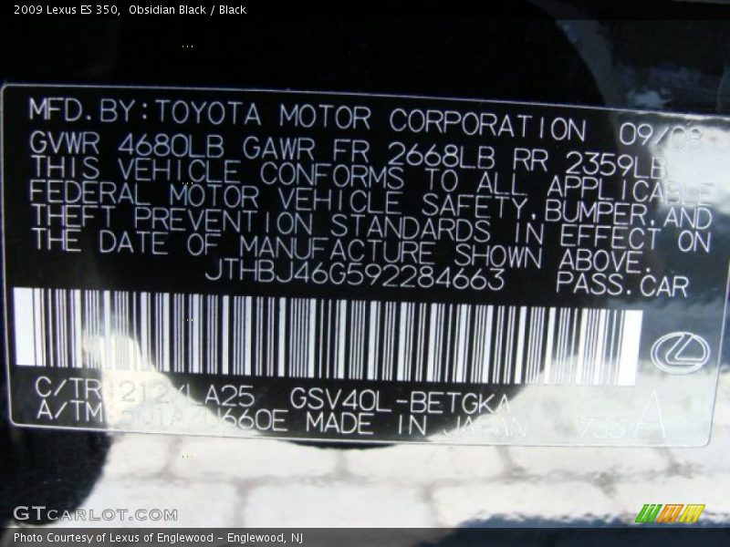 Obsidian Black / Black 2009 Lexus ES 350