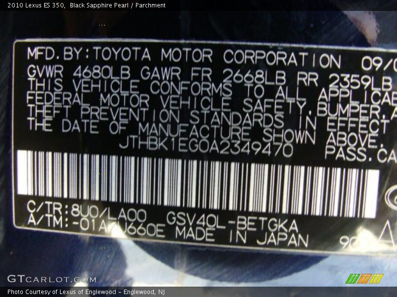 Black Sapphire Pearl / Parchment 2010 Lexus ES 350