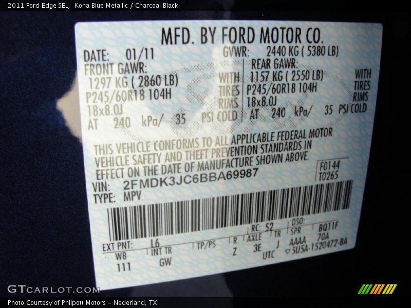 Kona Blue Metallic / Charcoal Black 2011 Ford Edge SEL
