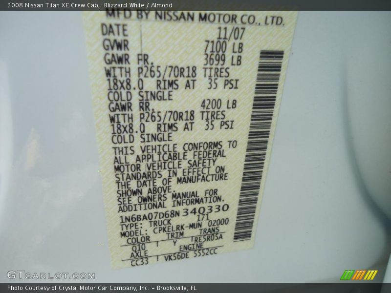 Blizzard White / Almond 2008 Nissan Titan XE Crew Cab