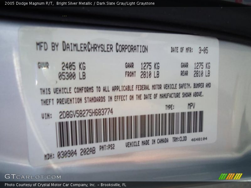 Bright Silver Metallic / Dark Slate Gray/Light Graystone 2005 Dodge Magnum R/T