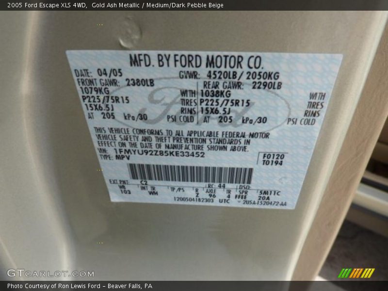 Gold Ash Metallic / Medium/Dark Pebble Beige 2005 Ford Escape XLS 4WD
