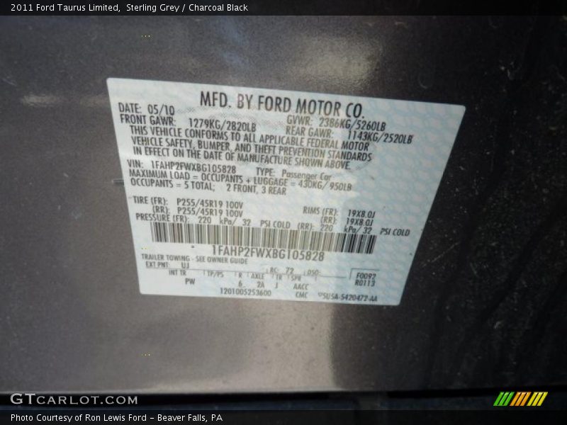 Sterling Grey / Charcoal Black 2011 Ford Taurus Limited
