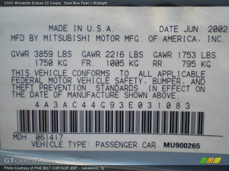 Steel Blue Pearl / Midnight 2003 Mitsubishi Eclipse GS Coupe