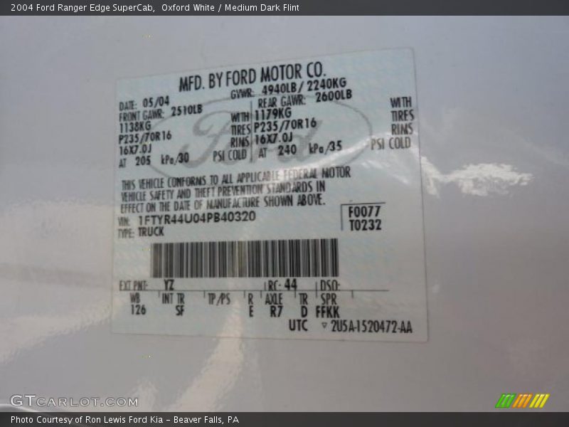 2004 Ranger Edge SuperCab Oxford White Color Code YZ