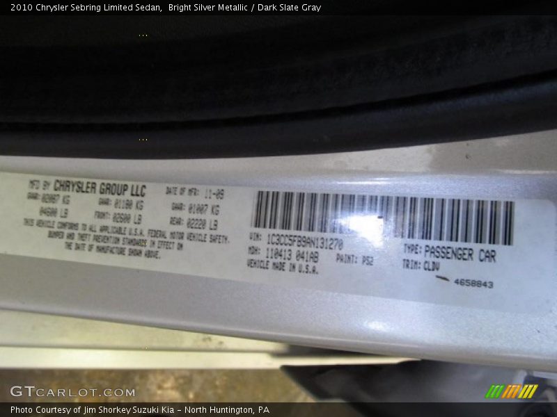 Bright Silver Metallic / Dark Slate Gray 2010 Chrysler Sebring Limited Sedan