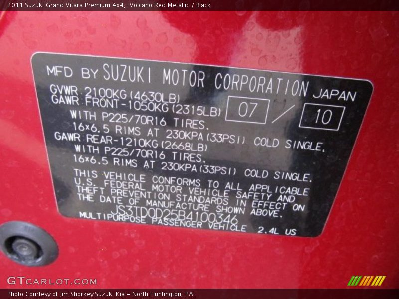 Volcano Red Metallic / Black 2011 Suzuki Grand Vitara Premium 4x4