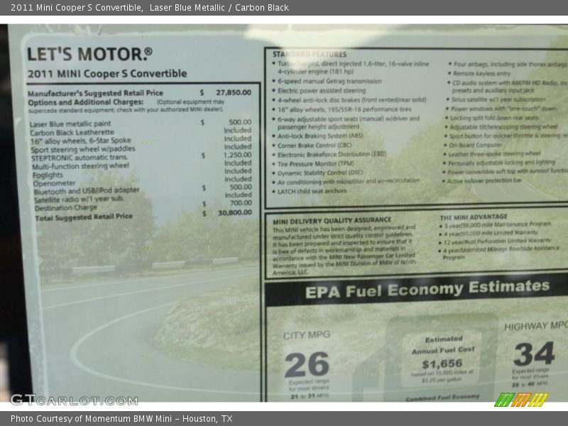  2011 Cooper S Convertible Window Sticker