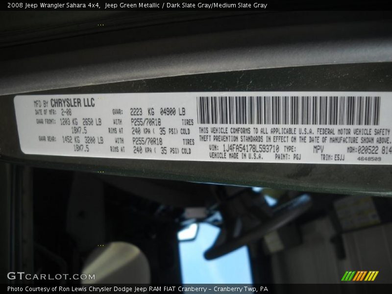 Jeep Green Metallic / Dark Slate Gray/Medium Slate Gray 2008 Jeep Wrangler Sahara 4x4