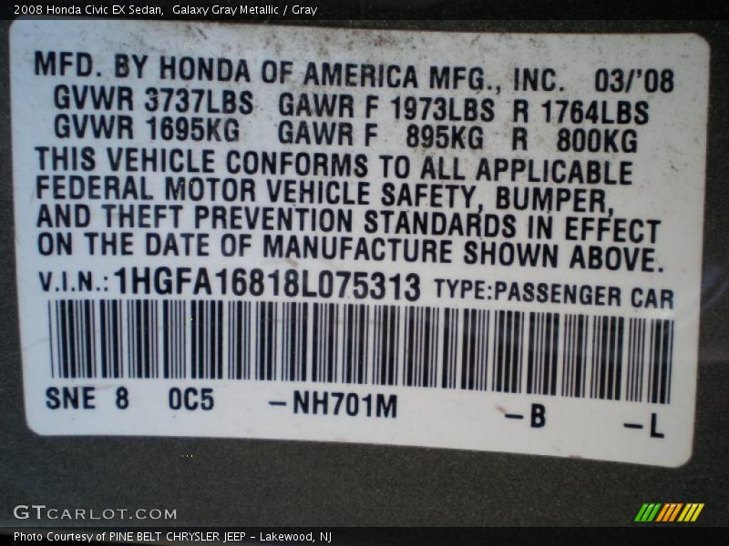 Galaxy Gray Metallic / Gray 2008 Honda Civic EX Sedan