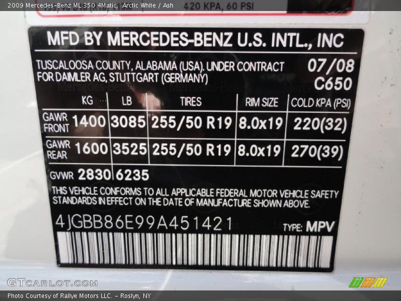 Arctic White / Ash 2009 Mercedes-Benz ML 350 4Matic