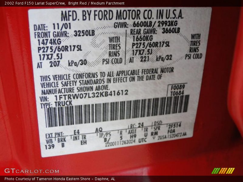2002 F150 Lariat SuperCrew Bright Red Color Code E4