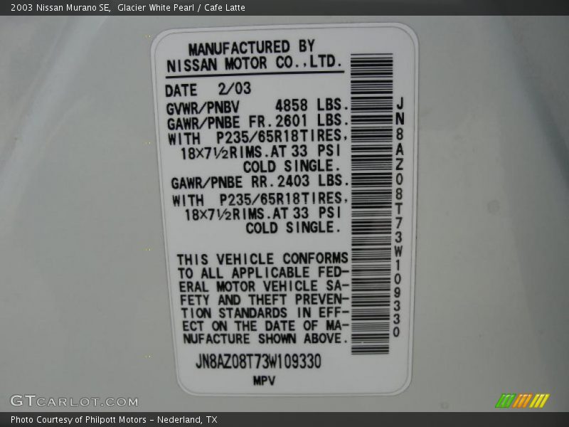 Glacier White Pearl / Cafe Latte 2003 Nissan Murano SE
