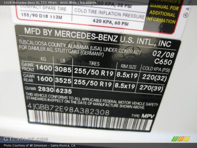 Arctic White / Macadamia 2008 Mercedes-Benz ML 550 4Matic