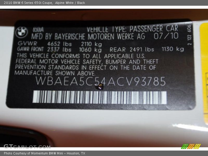 Alpine White / Black 2010 BMW 6 Series 650i Coupe