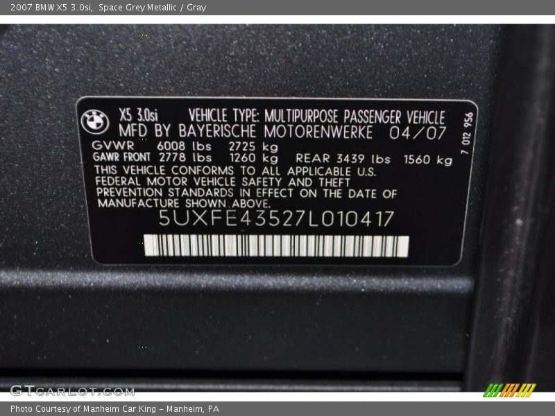 Space Grey Metallic / Gray 2007 BMW X5 3.0si