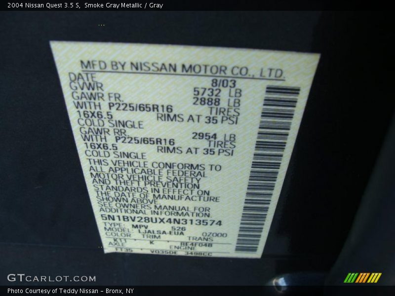 Smoke Gray Metallic / Gray 2004 Nissan Quest 3.5 S