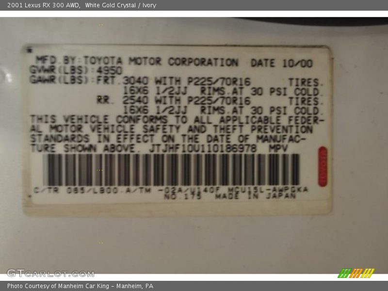 White Gold Crystal / Ivory 2001 Lexus RX 300 AWD