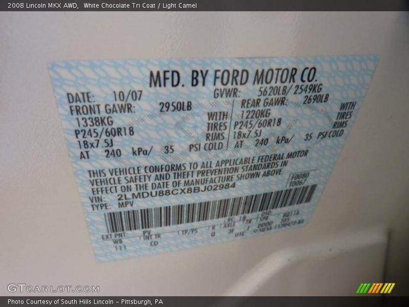 White Chocolate Tri Coat / Light Camel 2008 Lincoln MKX AWD