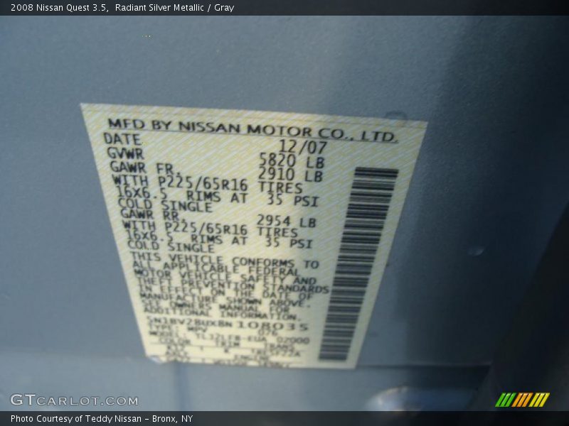 Radiant Silver Metallic / Gray 2008 Nissan Quest 3.5