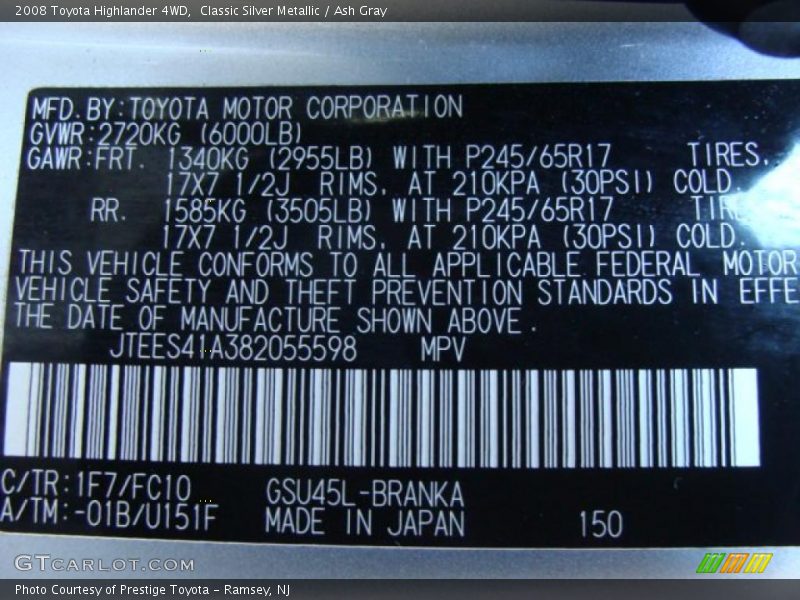 Classic Silver Metallic / Ash Gray 2008 Toyota Highlander 4WD