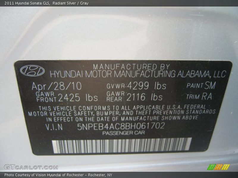 Radiant Silver / Gray 2011 Hyundai Sonata GLS