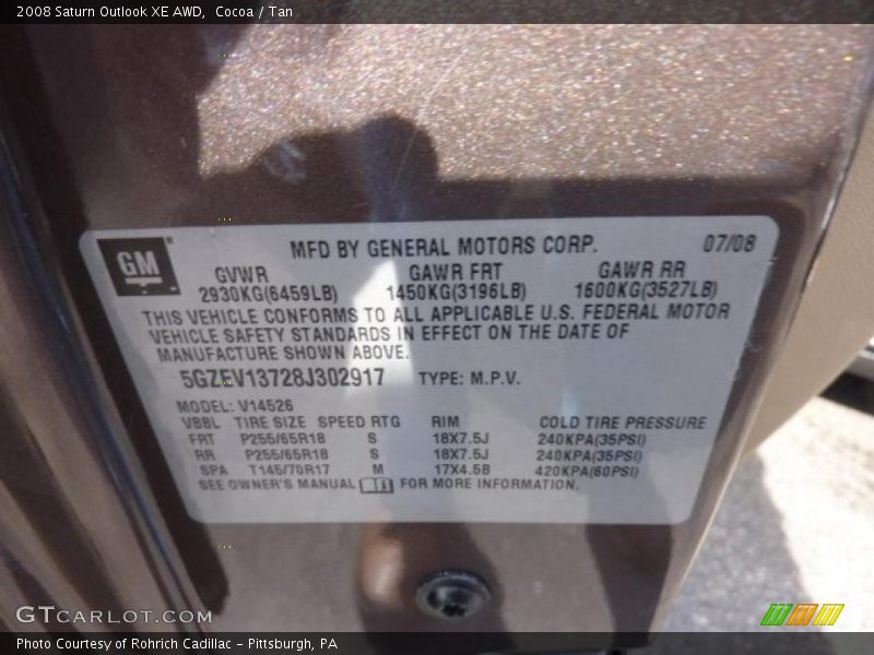 Cocoa / Tan 2008 Saturn Outlook XE AWD