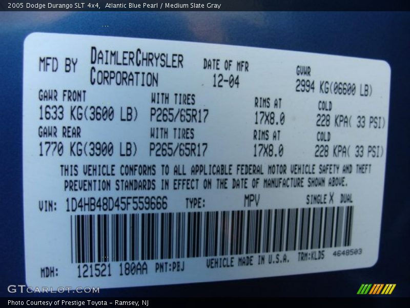 Atlantic Blue Pearl / Medium Slate Gray 2005 Dodge Durango SLT 4x4