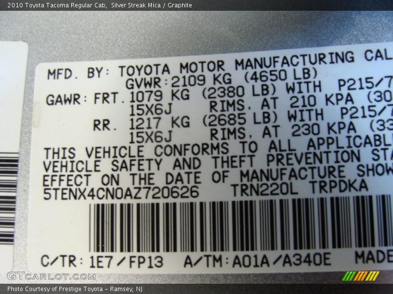 Silver Streak Mica / Graphite 2010 Toyota Tacoma Regular Cab