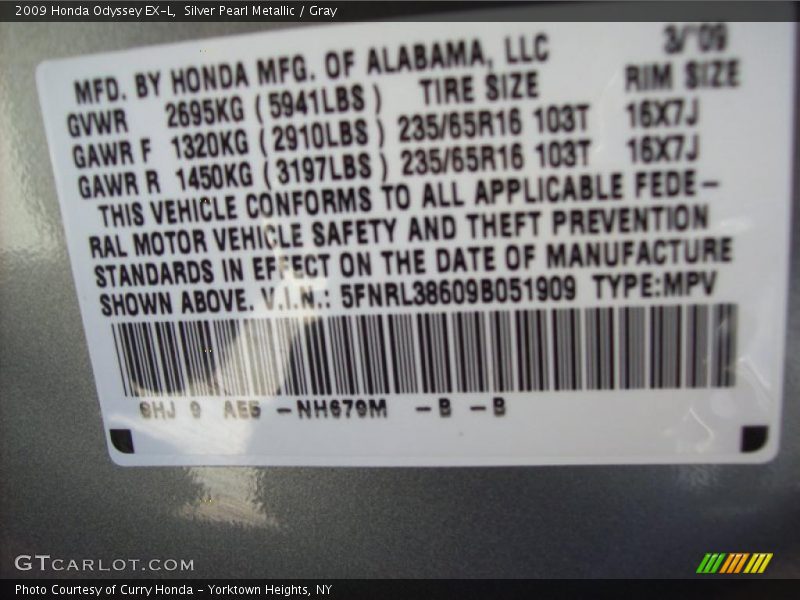 Silver Pearl Metallic / Gray 2009 Honda Odyssey EX-L