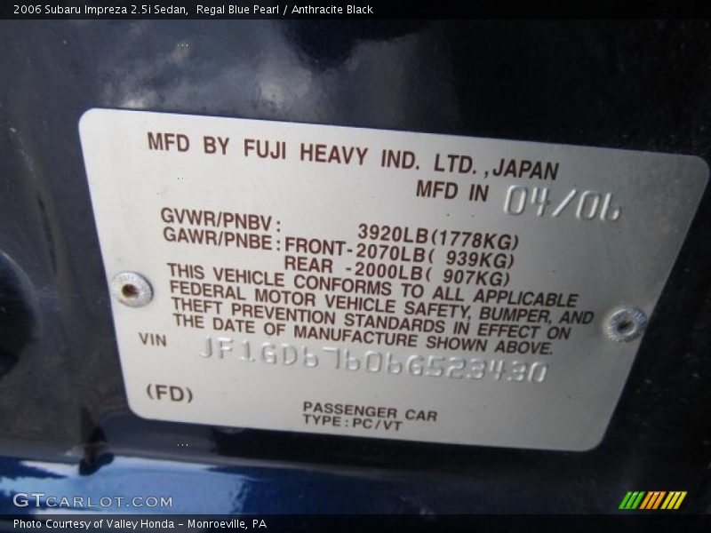 Regal Blue Pearl / Anthracite Black 2006 Subaru Impreza 2.5i Sedan