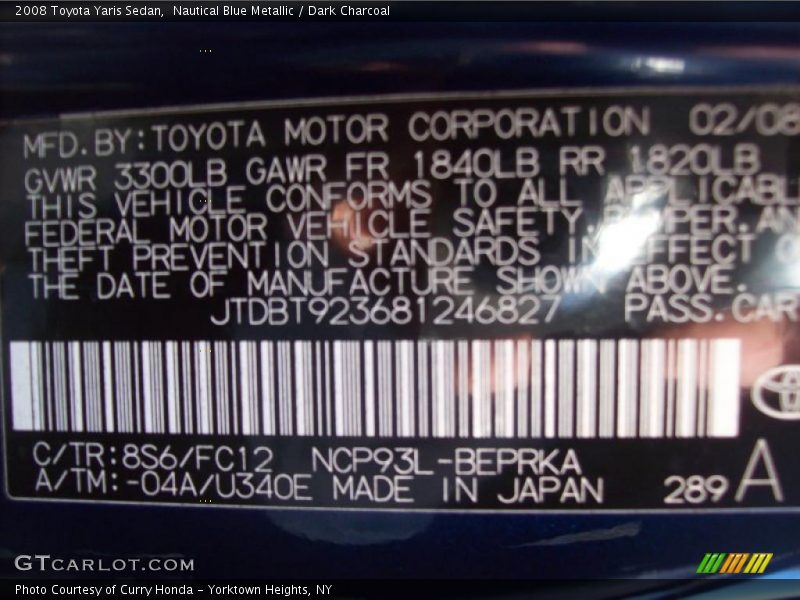 Nautical Blue Metallic / Dark Charcoal 2008 Toyota Yaris Sedan