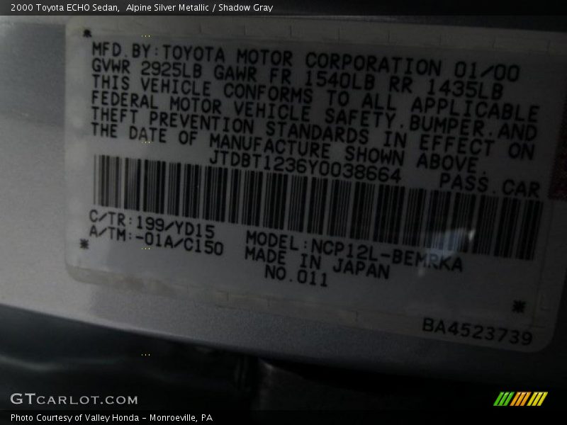 Alpine Silver Metallic / Shadow Gray 2000 Toyota ECHO Sedan