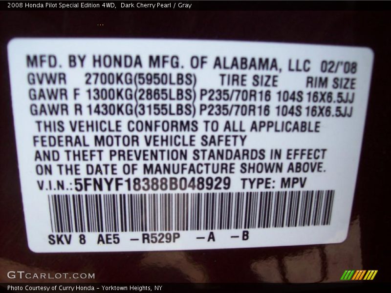 Dark Cherry Pearl / Gray 2008 Honda Pilot Special Edition 4WD