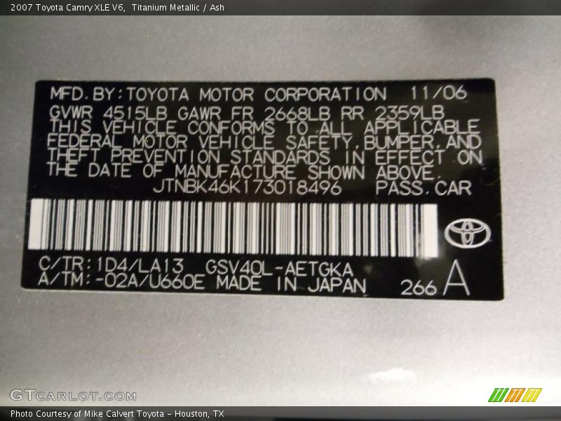 Titanium Metallic / Ash 2007 Toyota Camry XLE V6