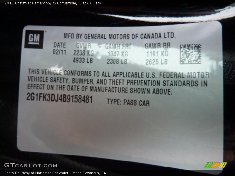 Info Tag of 2011 Camaro SS/RS Convertible