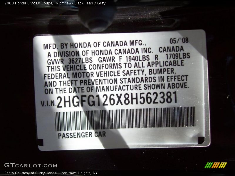 Nighthawk Black Pearl / Gray 2008 Honda Civic LX Coupe