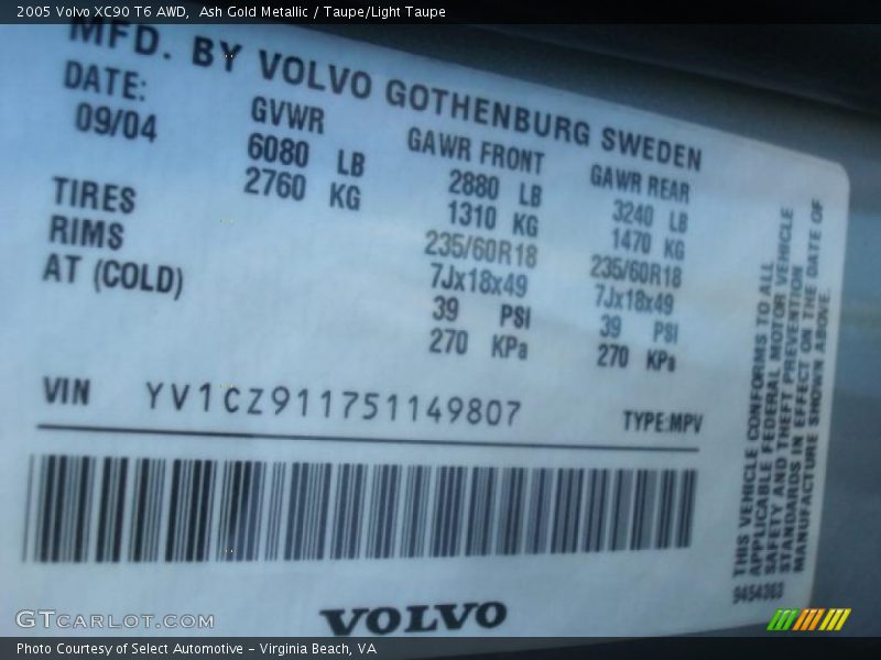 Ash Gold Metallic / Taupe/Light Taupe 2005 Volvo XC90 T6 AWD