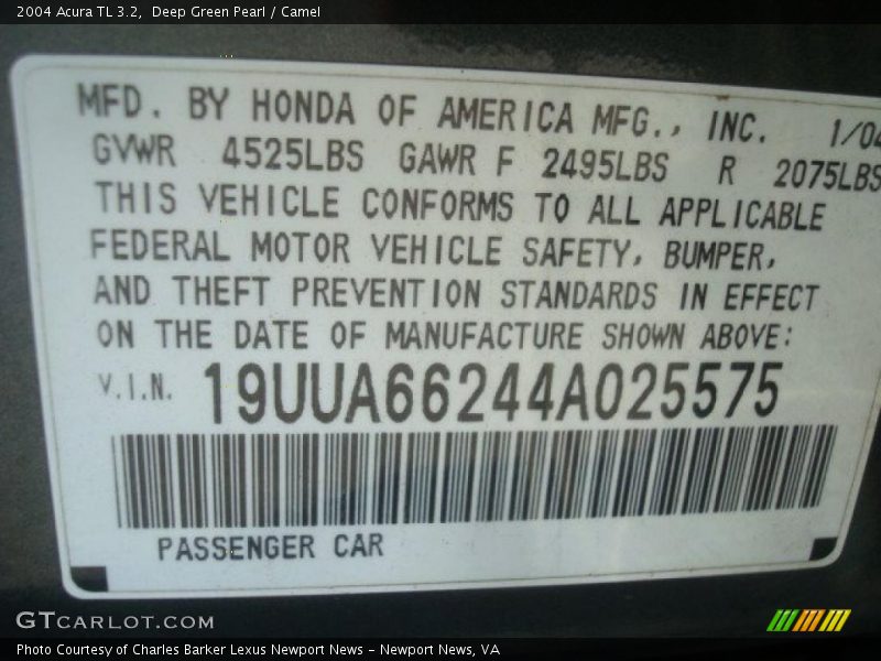 Deep Green Pearl / Camel 2004 Acura TL 3.2