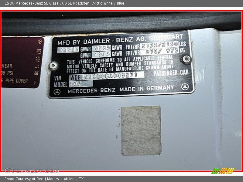 Info Tag of 1986 SL Class 560 SL Roadster