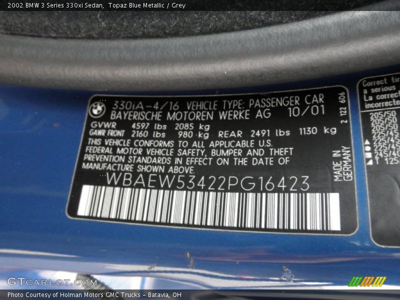 Info Tag of 2002 3 Series 330xi Sedan